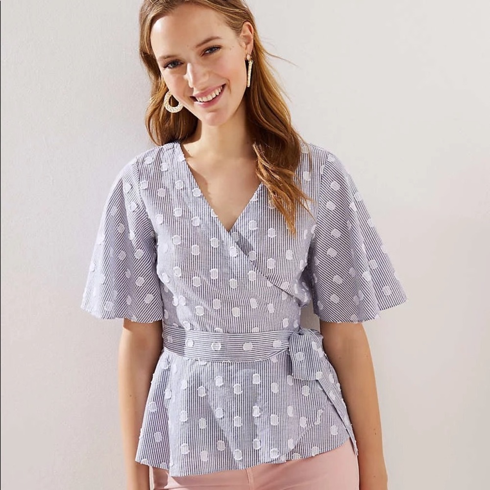 Loft Plus flutter sleeve wrap top- Blue stripes with Polkadots